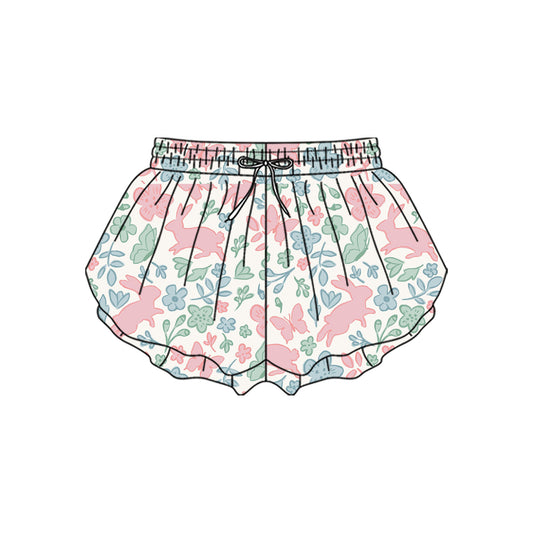 (Pre-order)SS0718 Pink Bunny Flowers Girls Easter Bottom Flutter Yoga Shorts