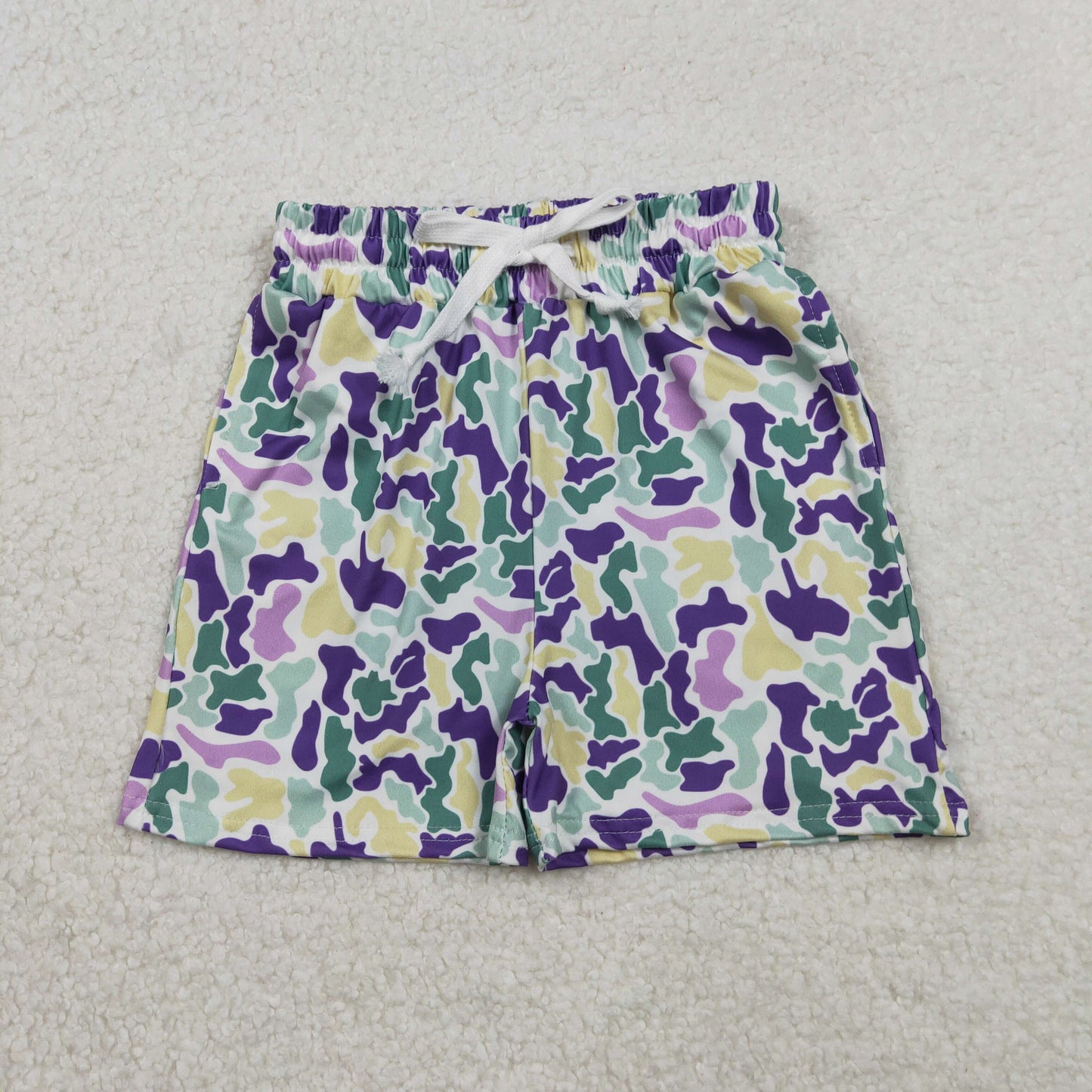 SS0734  Yellow Purple Green Camo Print Kids Mardi Gras Bottom Shorts