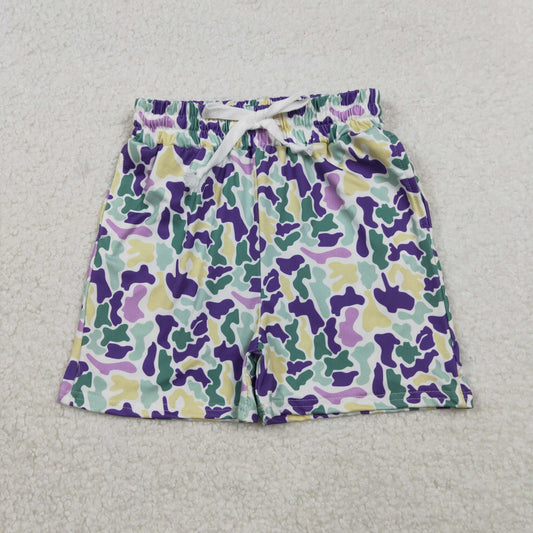 SS0734  Yellow Purple Green Camo Print Kids Mardi Gras Bottom Shorts