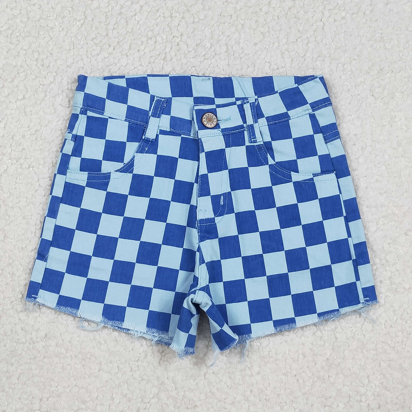 SS0763 Blue Plaid Denim Girls Summer Bottom Shorts