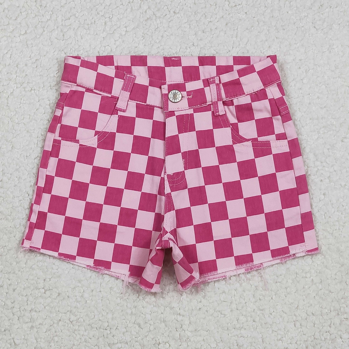 SS0764 Pink Plaid Denim Girls Summer Bottom Shorts