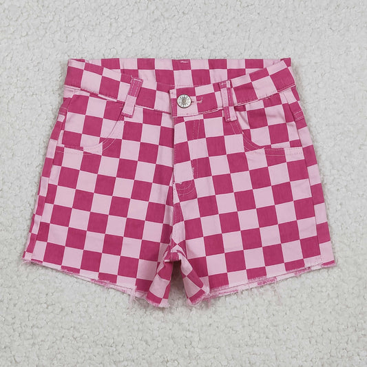 SS0764 Pink Plaid Denim Girls Summer Bottom Shorts