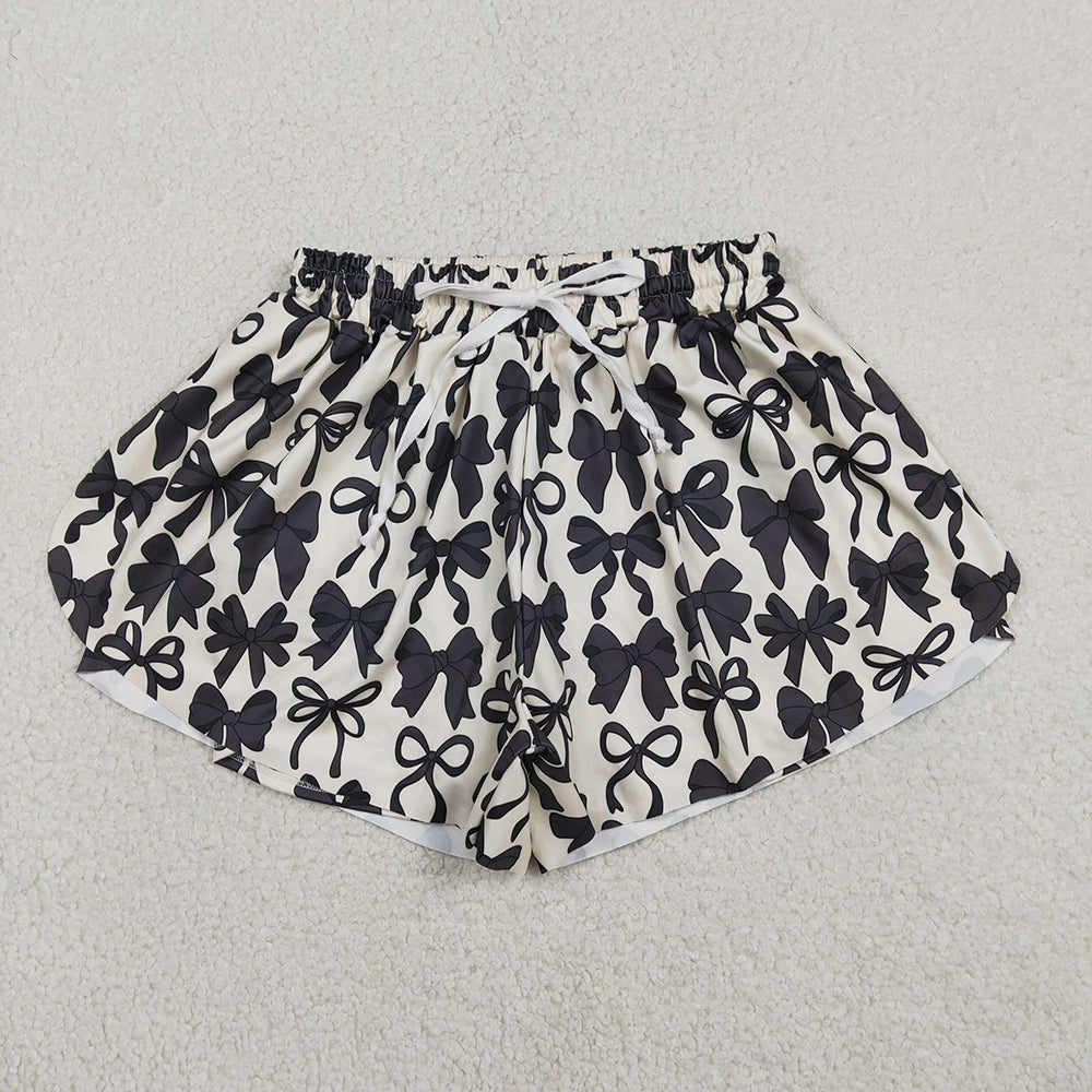 SS0765 Adult Black Bows Print Woman Summer Bottom Flutter Yoga Shorts