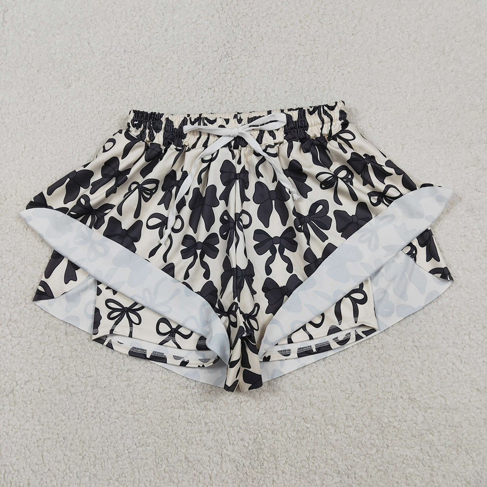 SS0765 Adult Black Bows Print Woman Summer Bottom Flutter Yoga Shorts