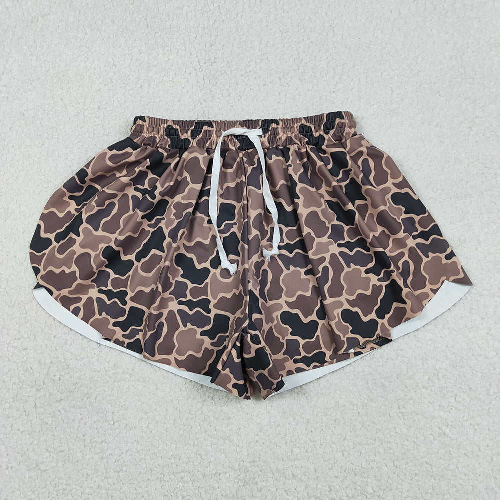 SS0767 Adult Brown Camo Print Woman Summer Bottom Flutter Yoga Shorts