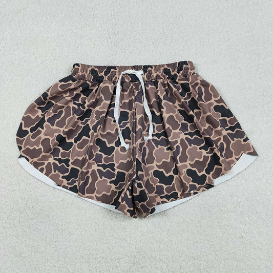 SS0767 Adult Brown Camo Print Woman Summer Bottom Flutter Yoga Shorts
