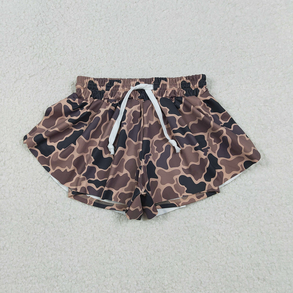 SS0772 Brown Camo Print Girls Summer Bottom Flutter Yoga Shorts