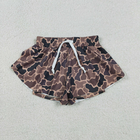 SS0772 Brown Camo Print Girls Summer Bottom Flutter Yoga Shorts