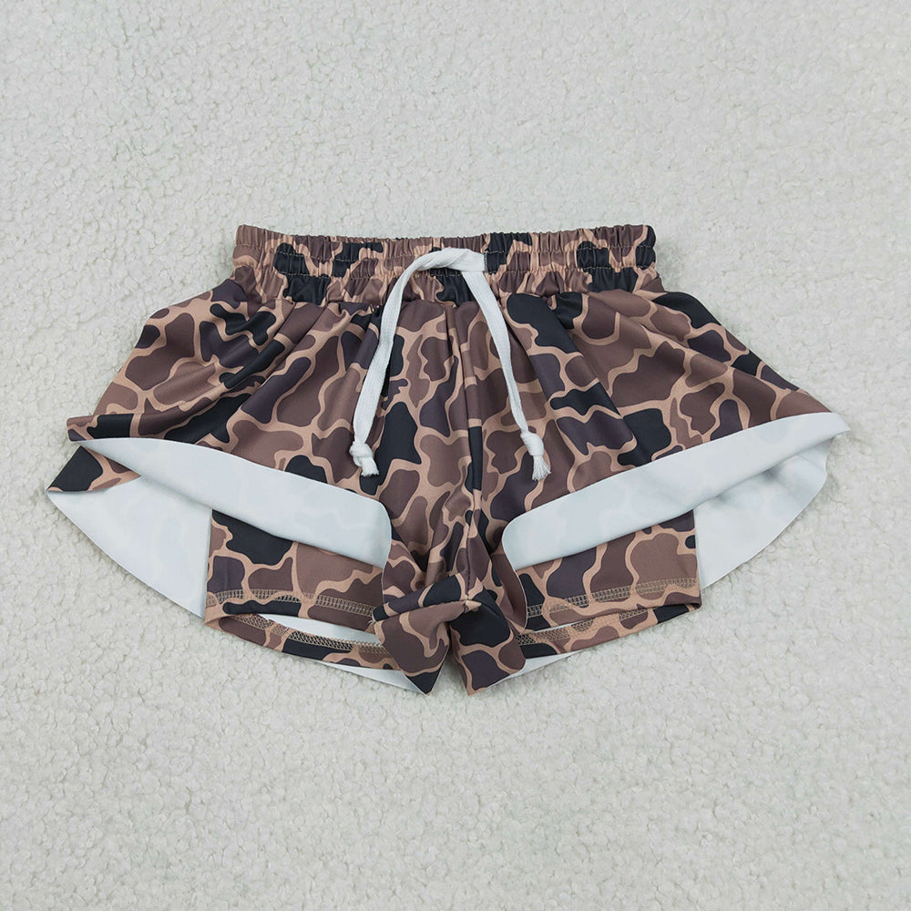 SS0772 Brown Camo Print Girls Summer Bottom Flutter Yoga Shorts