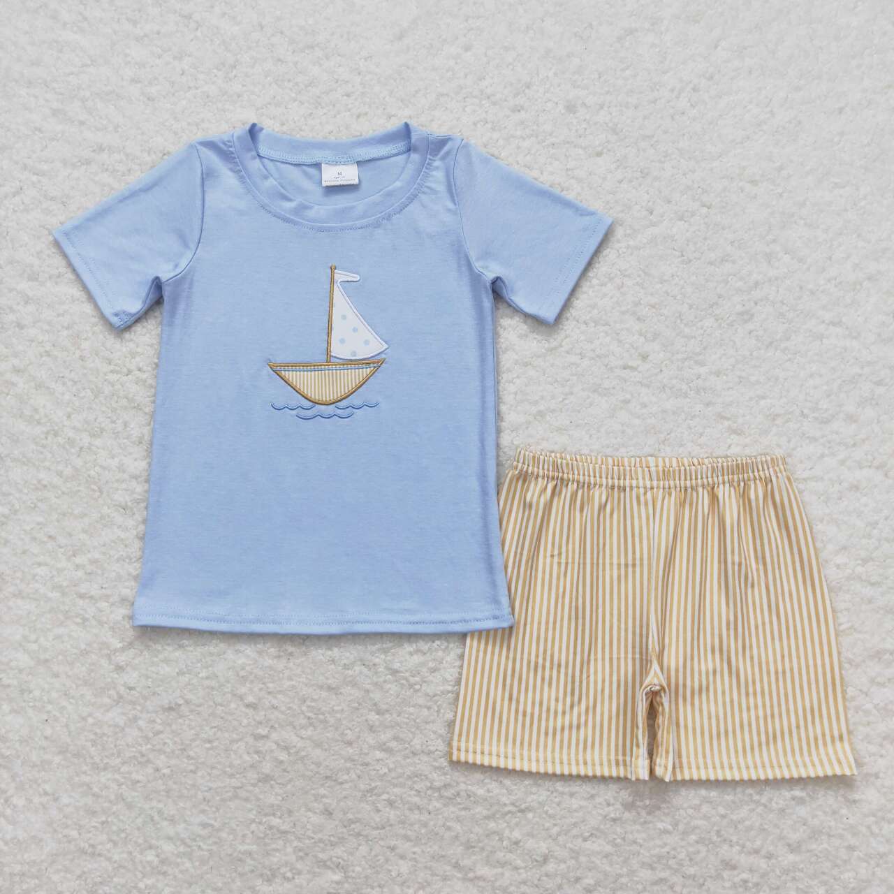 BSSO0602 Sailboat Embroidery Blue Top Stripes Shorts Boys Summer Clothes Sets