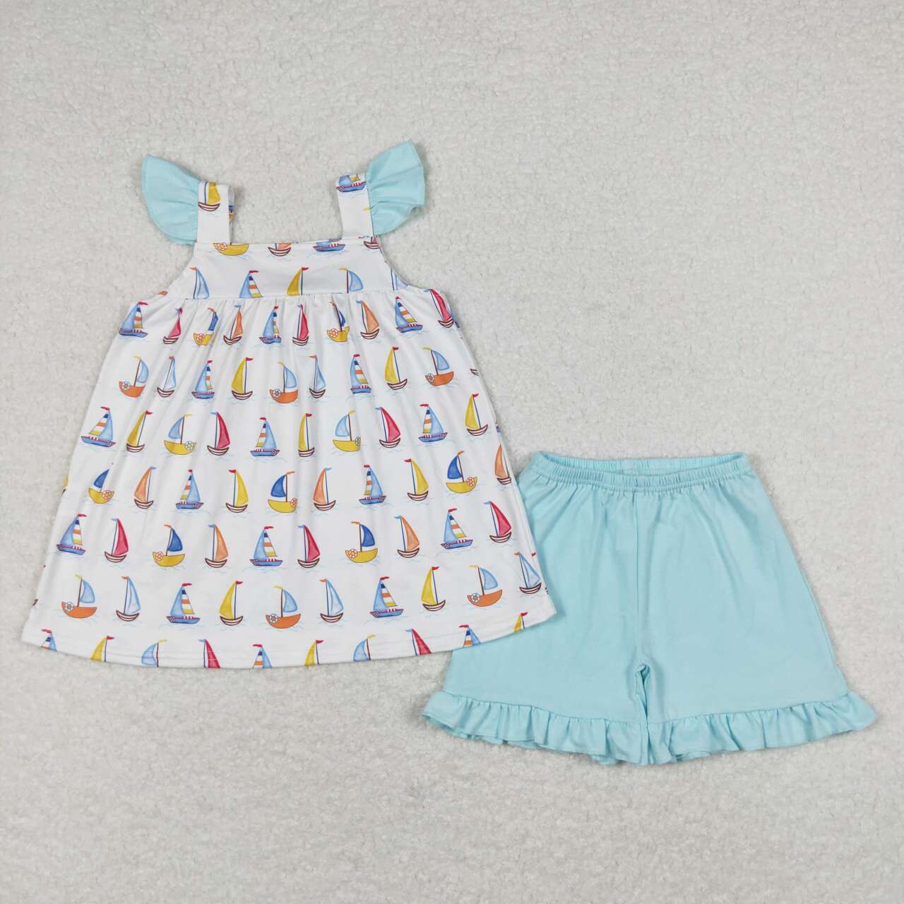 GSSO0645 Sailboat Print Top Blue Shorts Girls Summer Clothes Sets