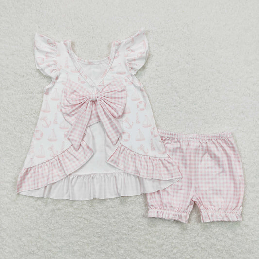 GSSO0748 Pink Sailboat Print Backless Bows Girls Summer Clothes Set