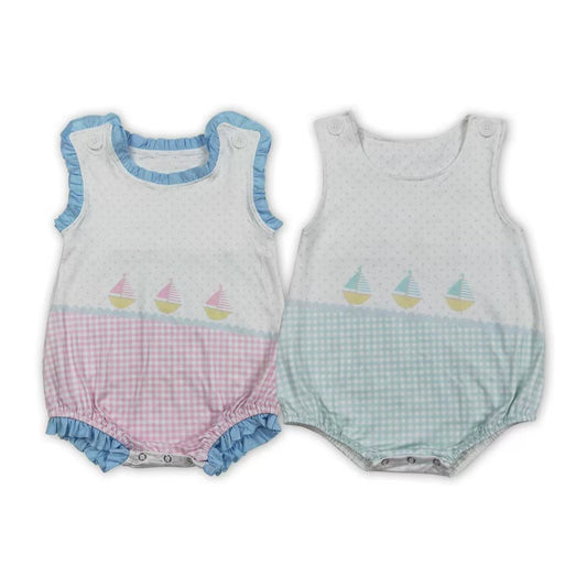 Sailboat Plaid Dots Print Baby Summer Romper Sibling Wear