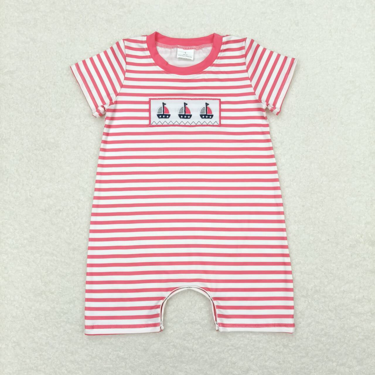 SR1028 Sailboat Embroidery Red Stripes Baby Boys Summer Romper