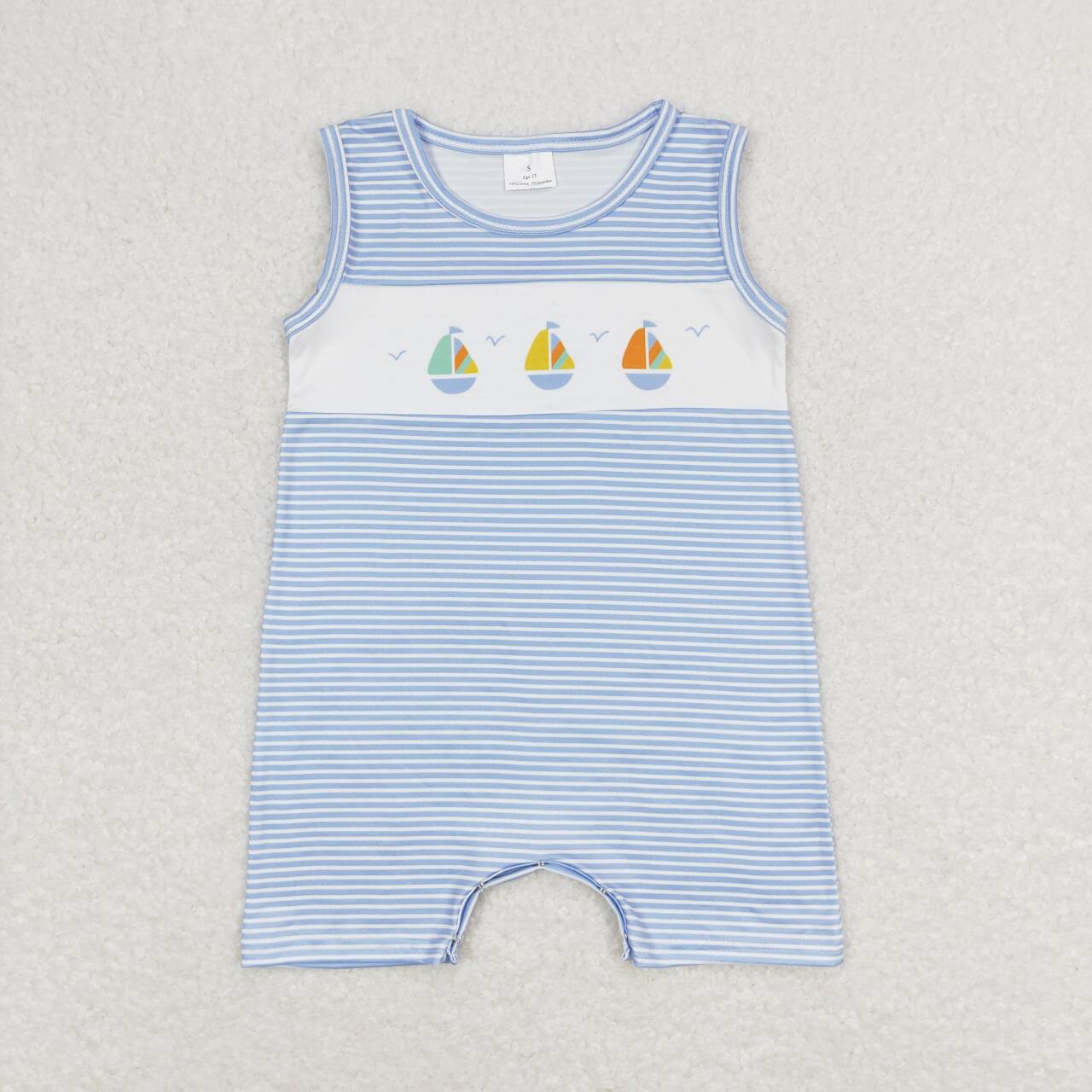 SR1059 Sailboat Blue Stripes Print Baby Boys Summer Romper