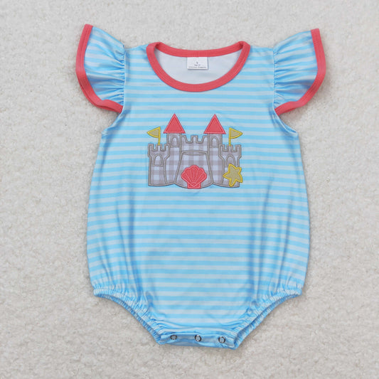 SR1317  Beach Castle Embroidery Stripes Baby Girls Summer Romper