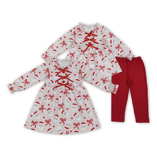 Santa Bows Print Girls Christmas Clothes Sisters Wear