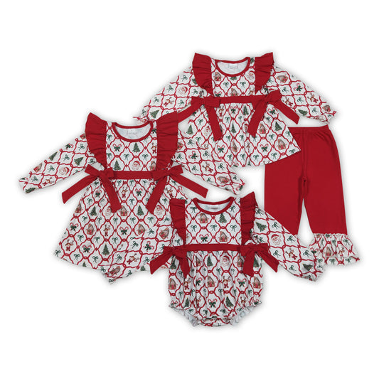 Santa Candy Cane Bows Print Girls Christmas Clothes Sisters Matching Wear
