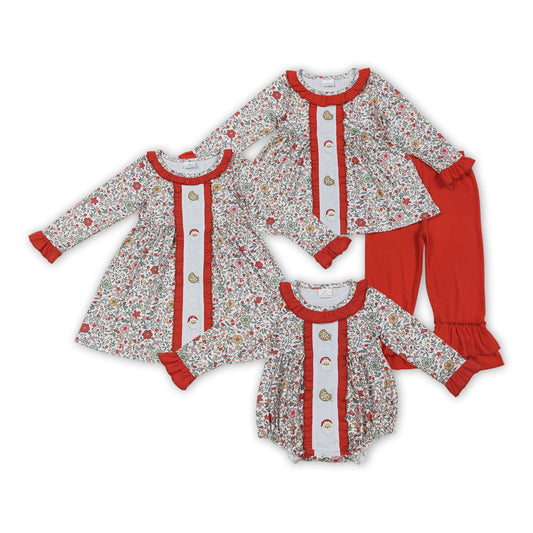Santa Cookie Embroidery Flowers Print Girls Christmas Clothes Sisters Matching Wear