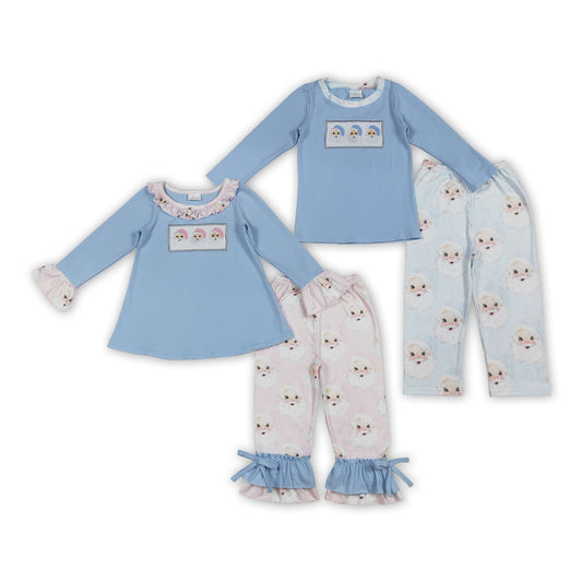 Santa Embroidery Blue Top Pants Kids Christmas Clothes Set Sibling Matching Wear
