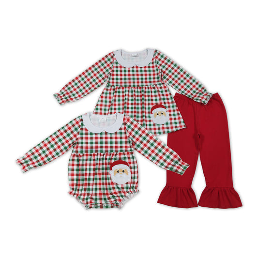 Santa Embroidery Plaid Girls Christmas Clothes Sisters Matching Wear