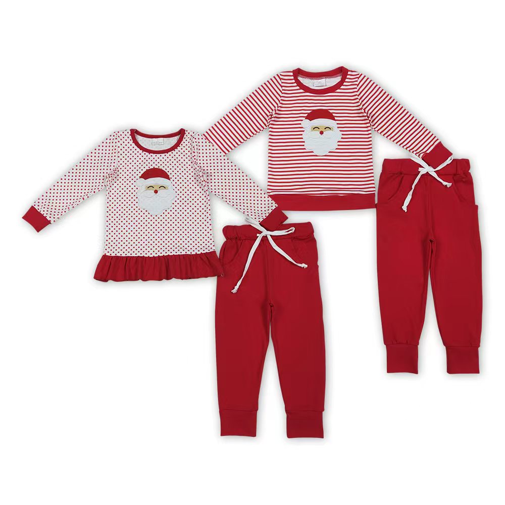 Santa Embroidery Stripes Top Red Pants Sibling Christmas Clothes Set