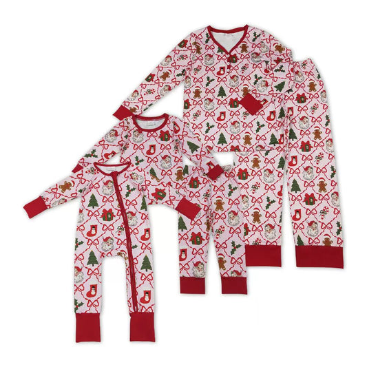 Santa Gringerbread Bows Print Family Christmas Pajamas Matching Clothes
