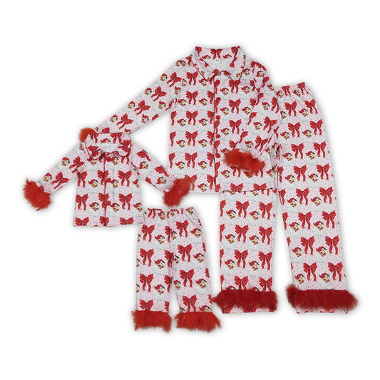 Santa Red Bows Print Mom and Me Matching Christmas Buttons Fur Pajamas Family Clothes Set