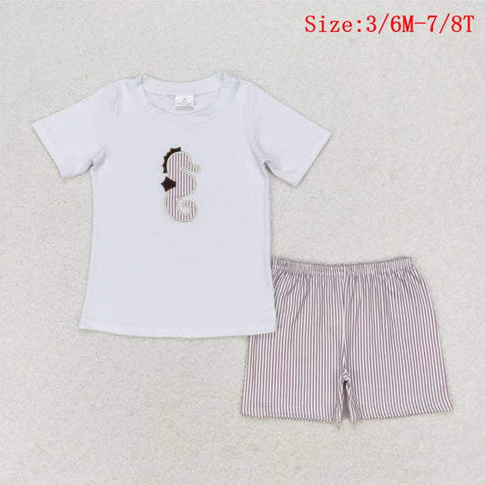 BSSO0837 Seahorse Embroidery Top Khaki Shorts Boys Summer Clothes Set