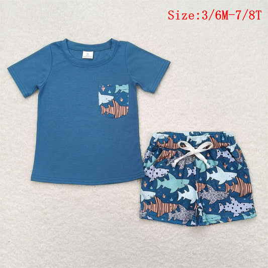 BSSO0830  Dark Blue Pocket Top Shark Shorts Boys Summer Clothes Set