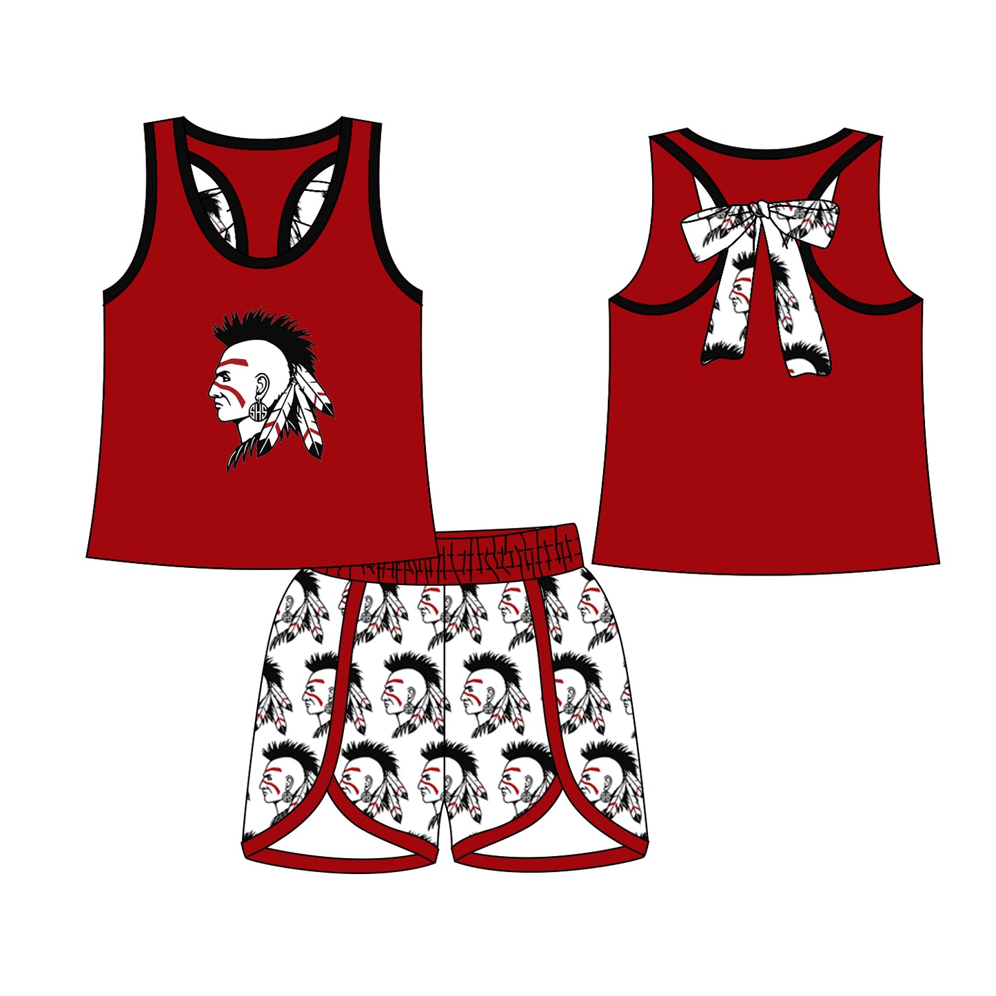 3.7(Custom Design Preorder MOQ 5) Team's Shawnee Indians Vest Bow Top Shorts Girls Summer Clothes Set