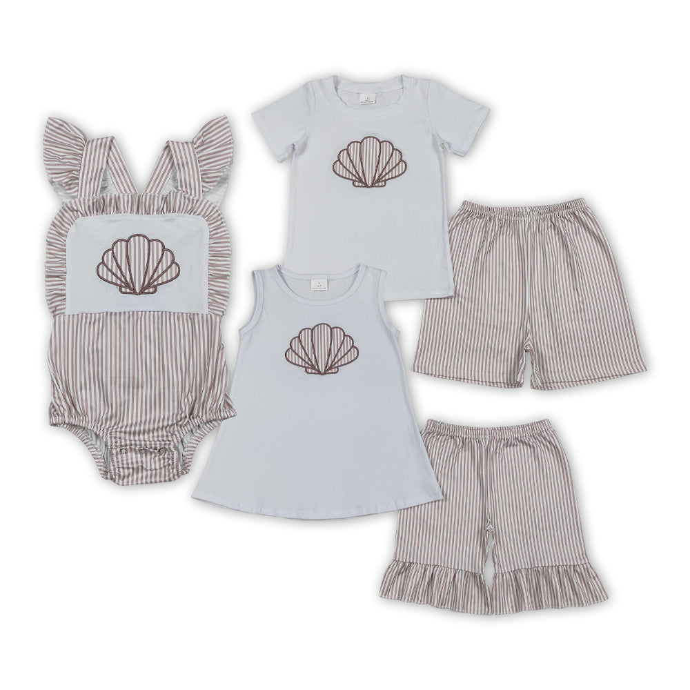 Shell Embroidery Stripes Print Kids Summer Clothes Sibling Matching Wear