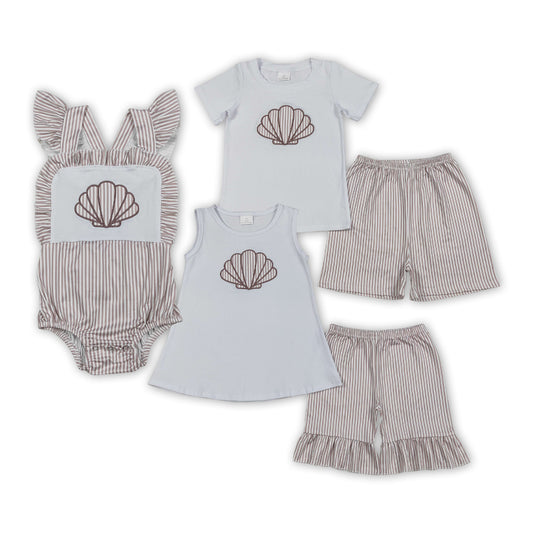 Shell Embroidery Stripes Print Kids Summer Clothes Sibling Matching Wear