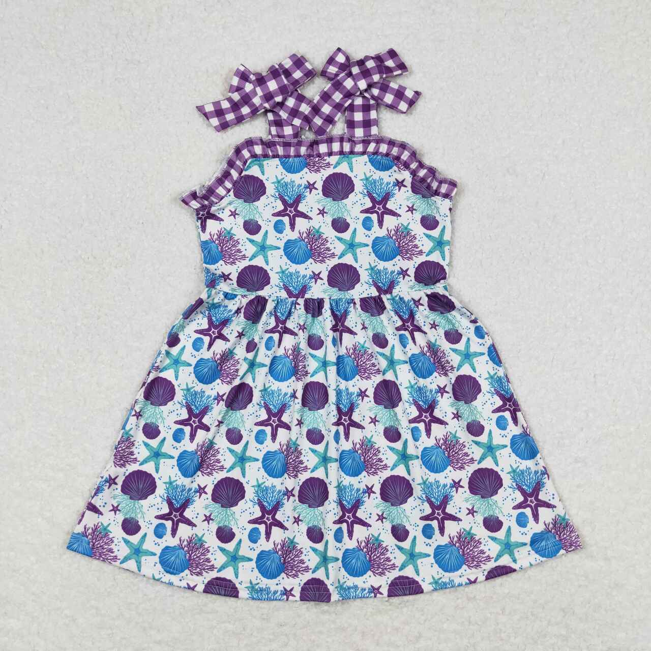 GSD0913 Purple Shell Print Girls Summer Knee Length Strap Dress