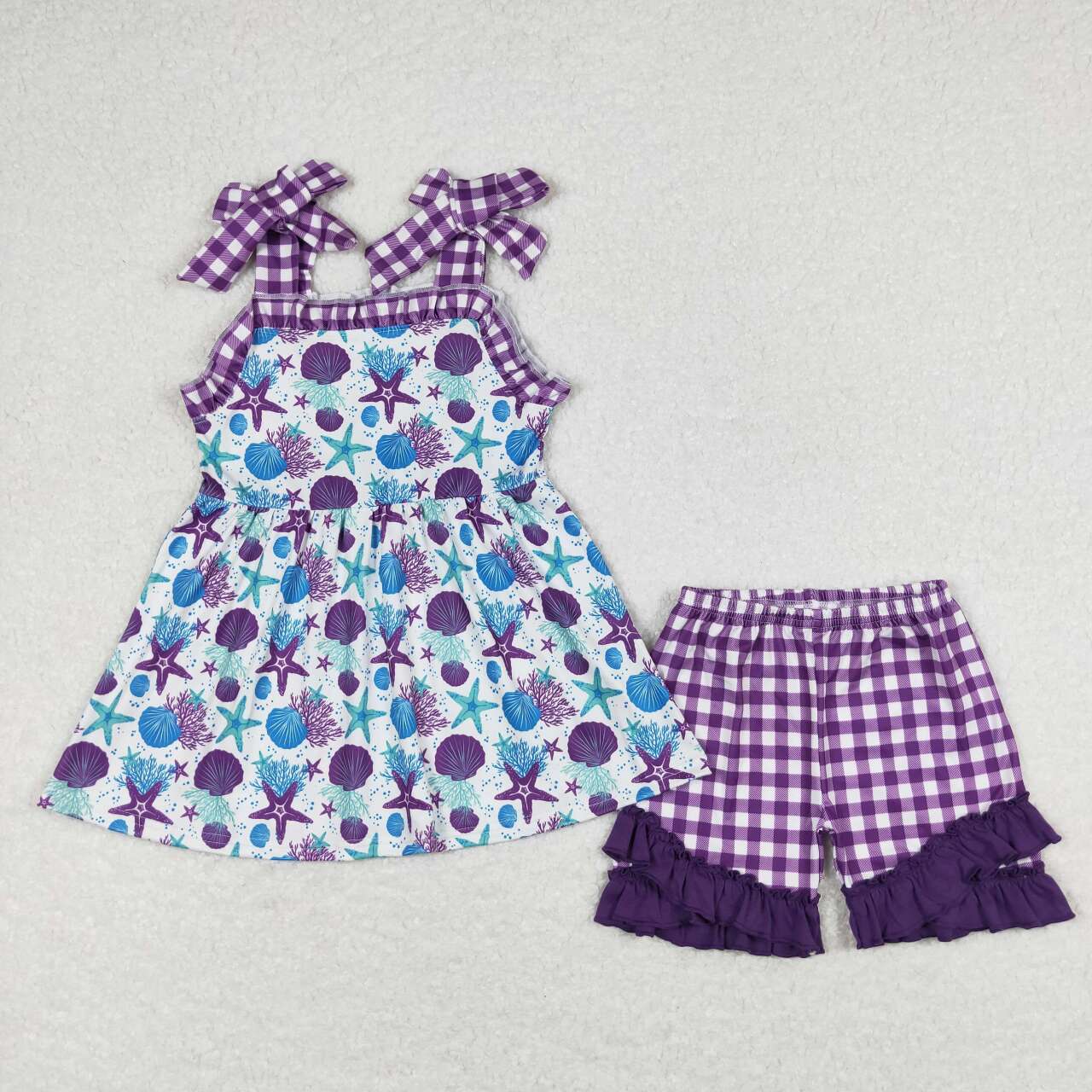 GSSO0727  Purple Shell Strap Tunic Top Ruffle Shorts Girls Summer Clothes Set