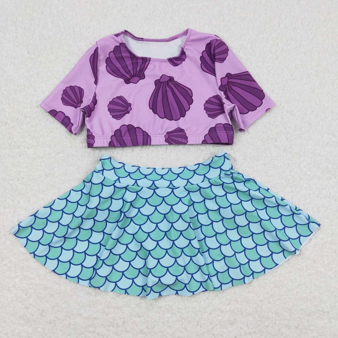 S0222 Purple Shell Top Fish Scale Bottom Girls 2 Pieces Swimsuits