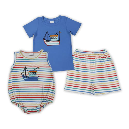 Ship Embroidery Stripes Boys Summer Matching Clothes Brothers Wear