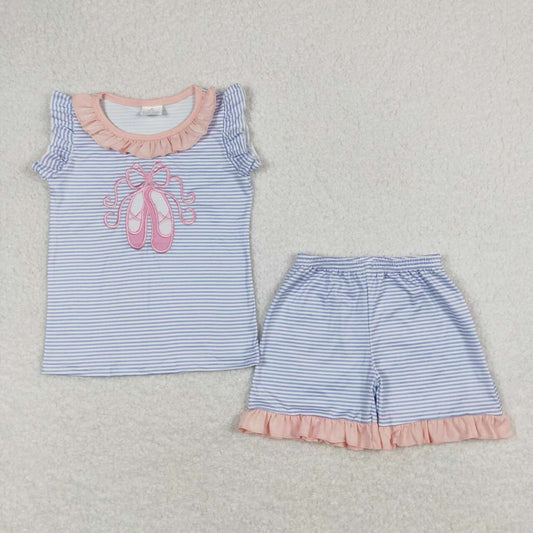 GSSO0574 Blue Stripes Dance Shoes Embroidery Top Ruffle Shorts Girls Summer Clothes Set