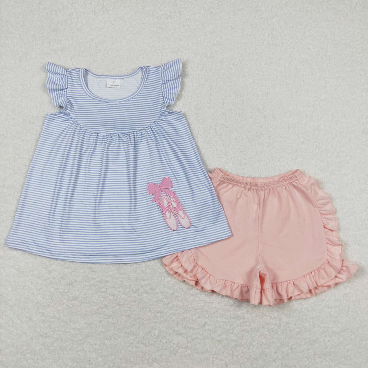 GSSO0582 Dancing Shoes Embroidery Tunic Top Pink Ruffle Shorts Girls Summer Clothes Set