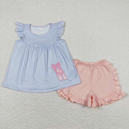 GSSO0582 Dancing Shoes Embroidery Tunic Top Pink Ruffle Shorts Girls Summer Clothes Set