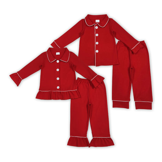 Red Color Kids Christmas Buttons Pajamas Clothes Set Sibling Wear