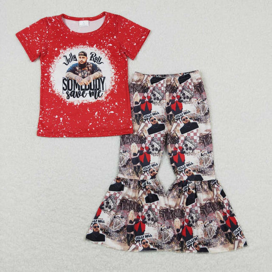 GSPO1489  Singer Roll Print Red Top Bell Pants Girls Clothes Set