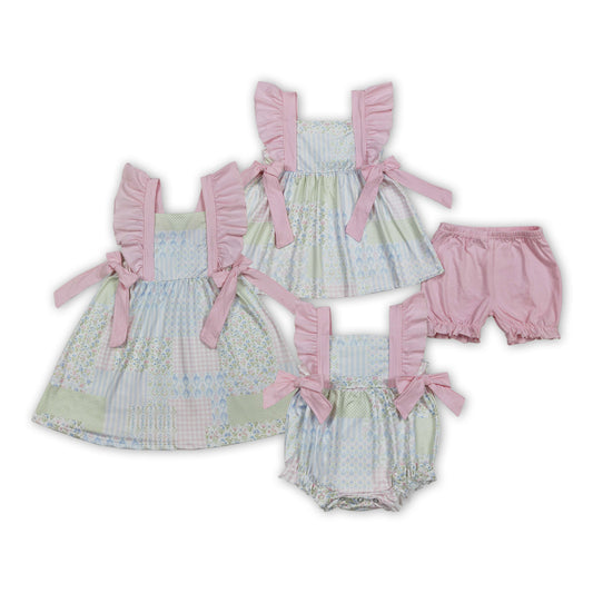 Small Flowers Plaid Print Girls Summer Clothes Sisters Matching Wear