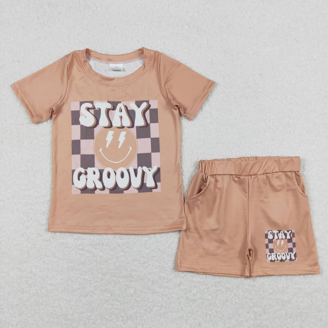 BSSO0613 Stay Brown Smiling Face Print Boys Summer Clothes Set