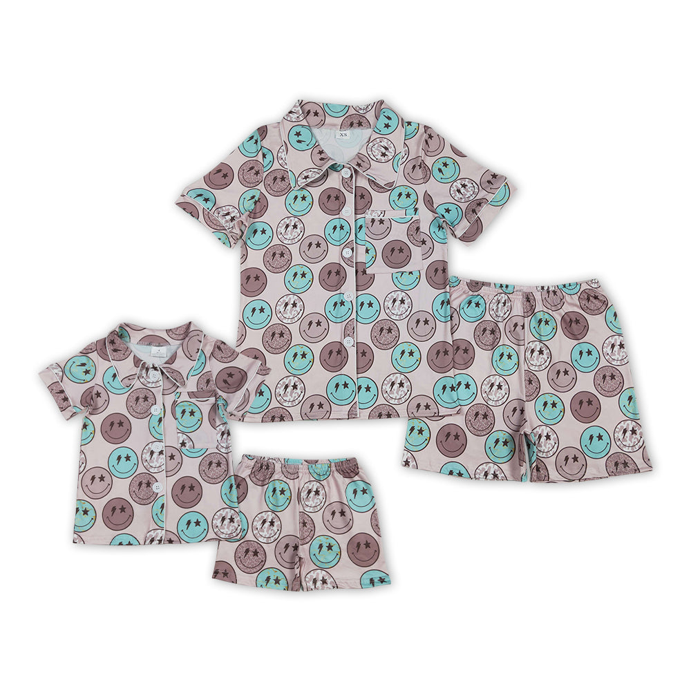 Smiling Face Brown Print Mom and Me Summer Buttons Pajamas Matching Clothes Set