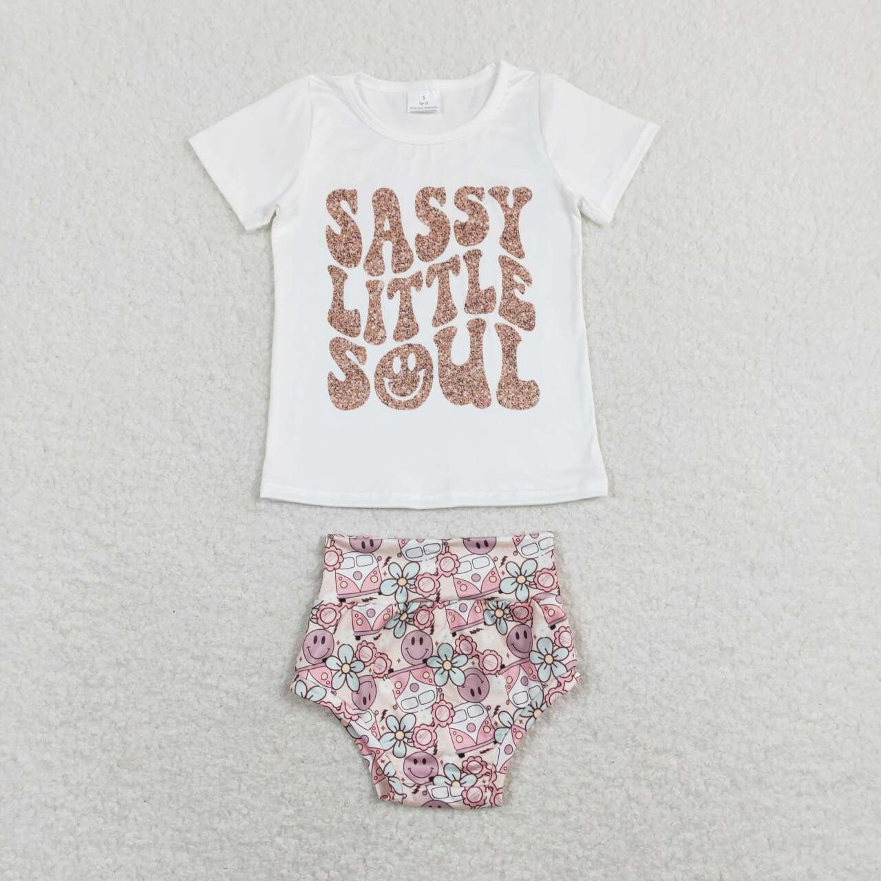 GBO0207 Sassy Little Soul Smiling Face Flowers Print Baby Girls Bummie Set