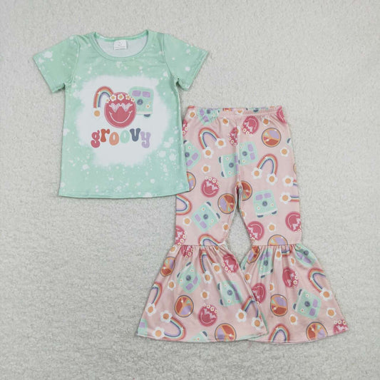 GSPO1254 Groovy Rainbow Smiling Face Print Girls Clothes Set