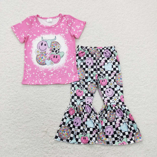 GSPO1290 Disco Cow Skull Smiling Face Print Girls Western Clothes Set