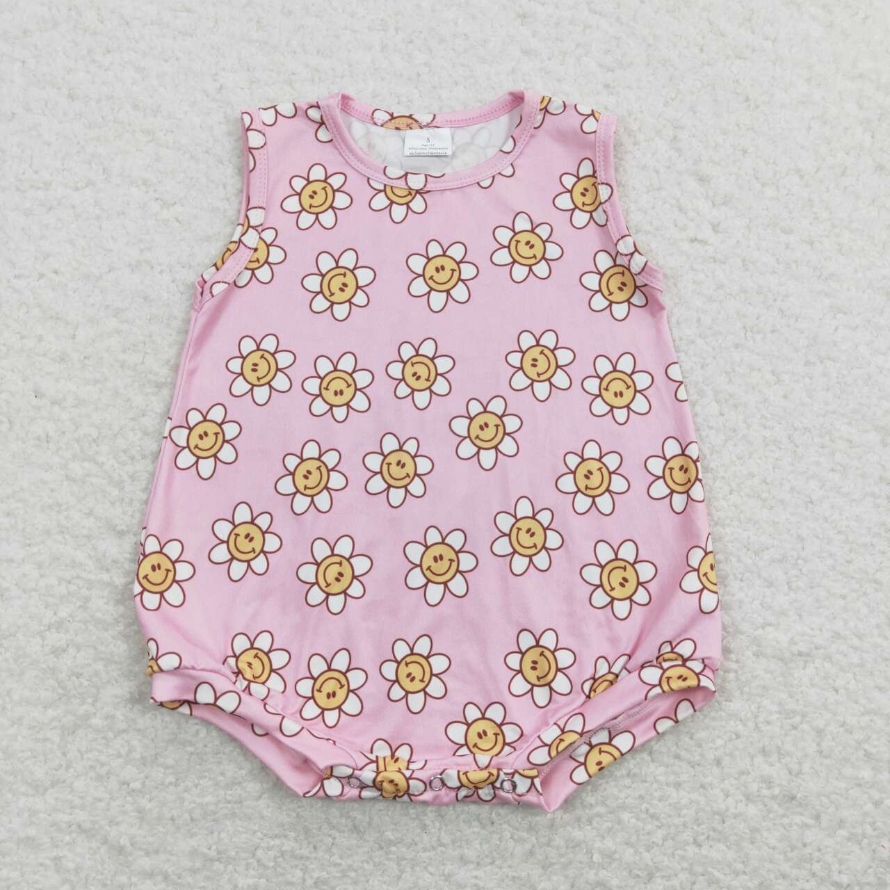 SR0574 Pink Flowers Smiling Face Print Baby Girls Summer Romper