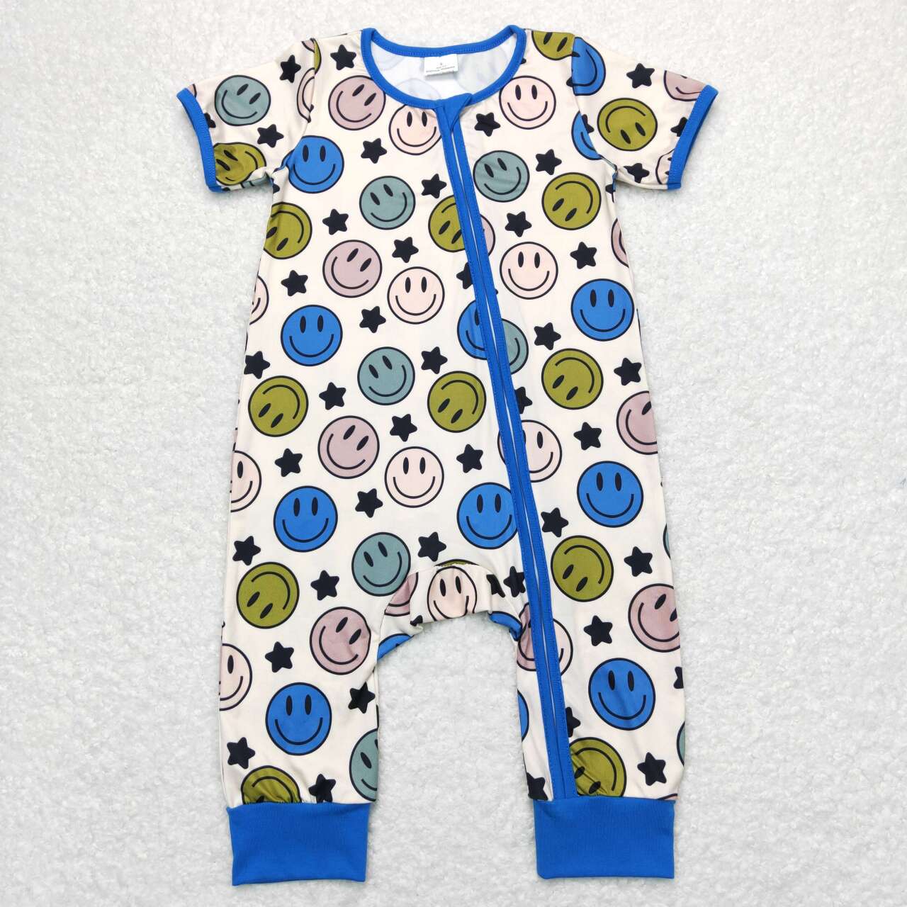 SR0944 Blue Smiling Face Print Baby Boys Zipper Romper